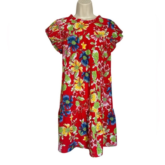 Venacular Dresses & Skirts - Floral Red Midi Dress with Ruffle Sleeves